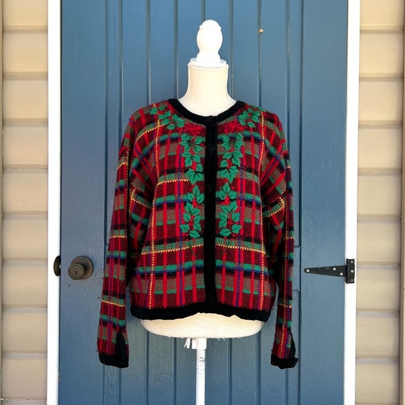 Cambridge Dry Goods 100% Wool Red and Green Plaid Cardigan Women Size XL - Picture 1 of 9